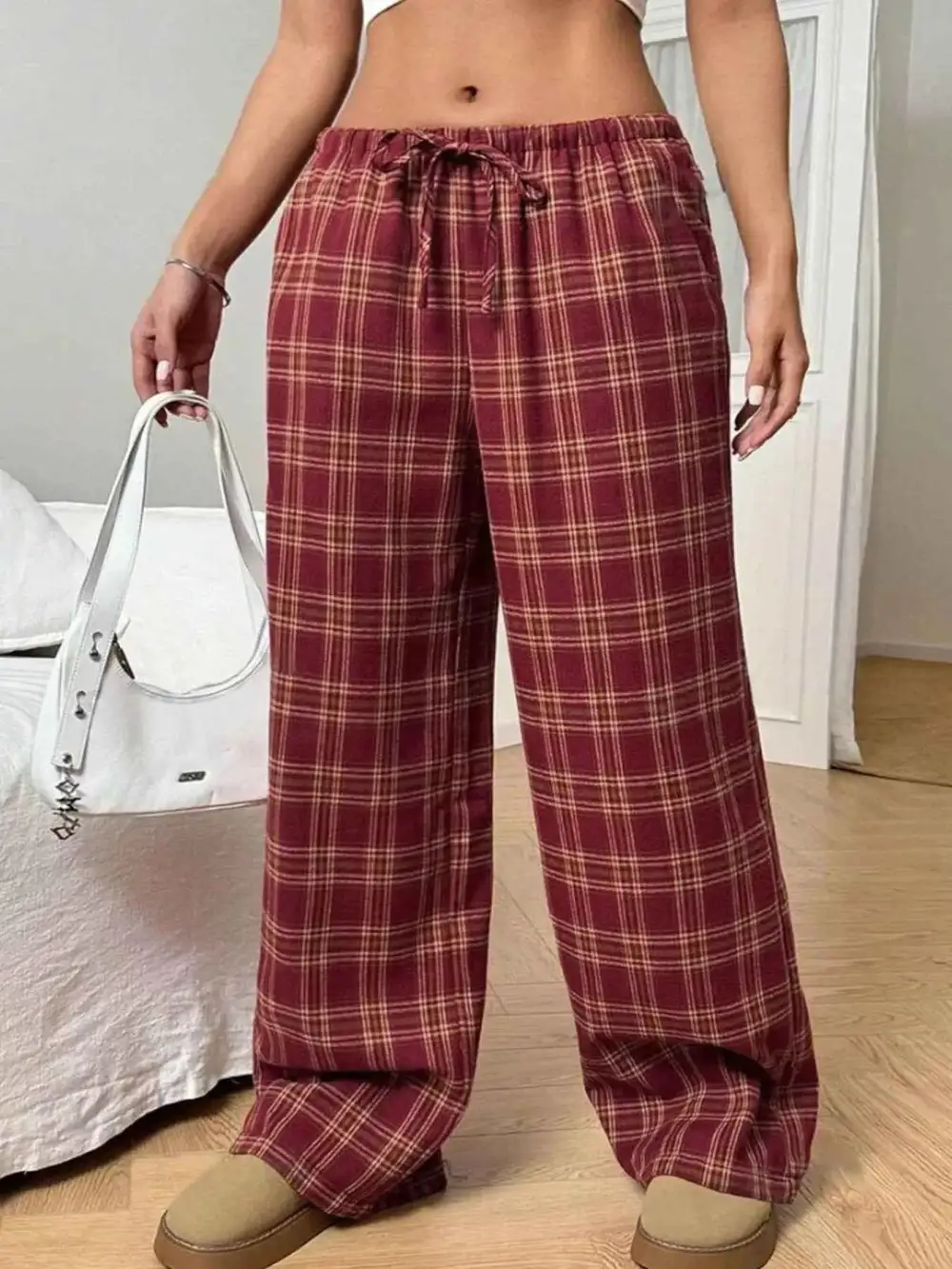 Plaid Drawstring Wide-Leg Pants