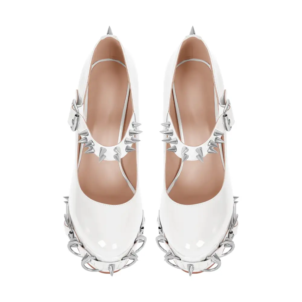 Patent Finish Rivet Round Toe Platform Chunky Heel Pumps