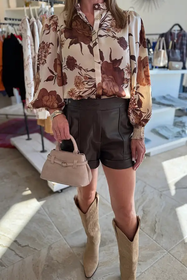 Brown Floral Print Button Down Poet Sleeve Shirt
