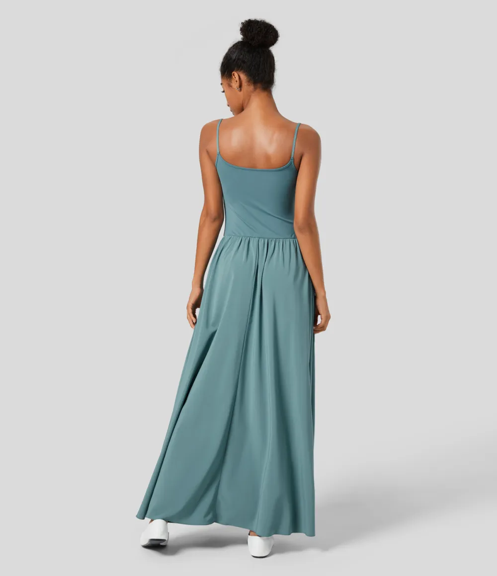 Breezeful Backless Side Pocket Plicated Flowy Flare Maxi Quick Dry Casual Slip Dress