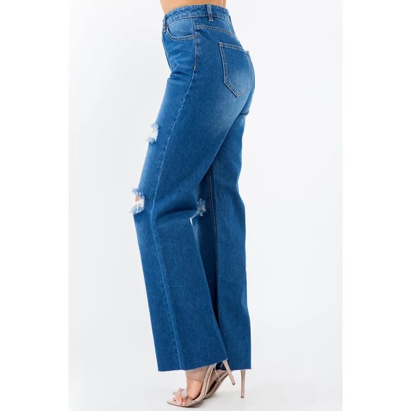 High-Waist Distressed Wide Leg Jeans
