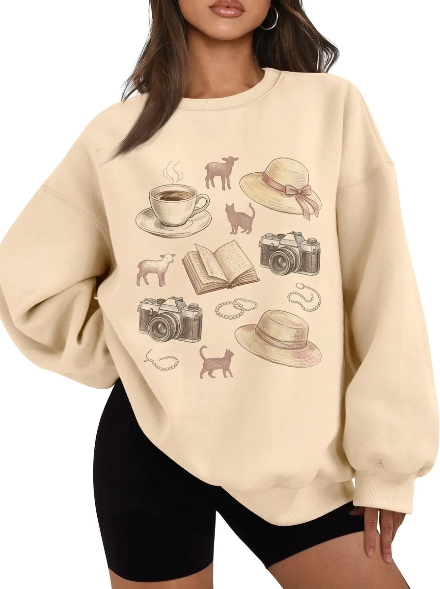 Women's Hobby Coffee Camera Book Cat Graphic Sweatshirt