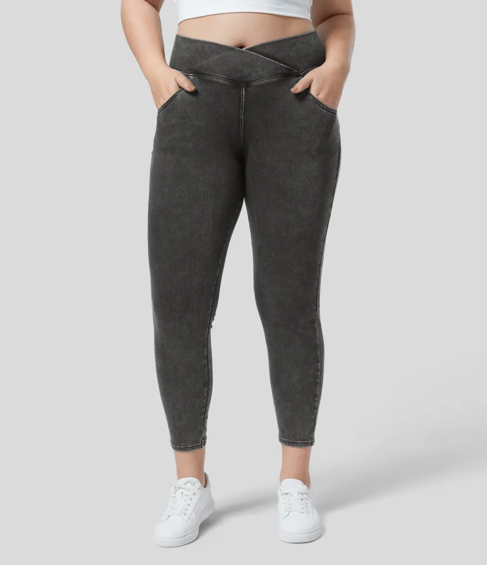 Magic High Waisted Crossover Multiple Pockets Stretchy Knit Denim 7/8 Plus Size Work Leggings