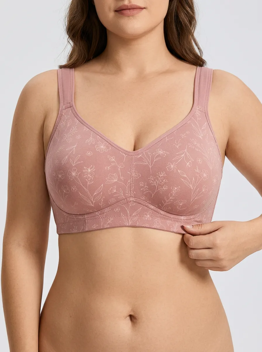 Women's Plus Size Dusty Rose Rose Floral Full-Coverage V-Neck Wireless Bra