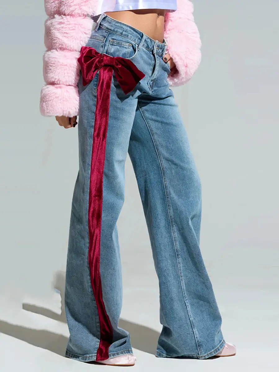 Bow-Detail Velvet Slim Jeans