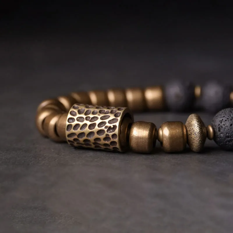 Lava Rock Stone Obsidian Brass Bracelet