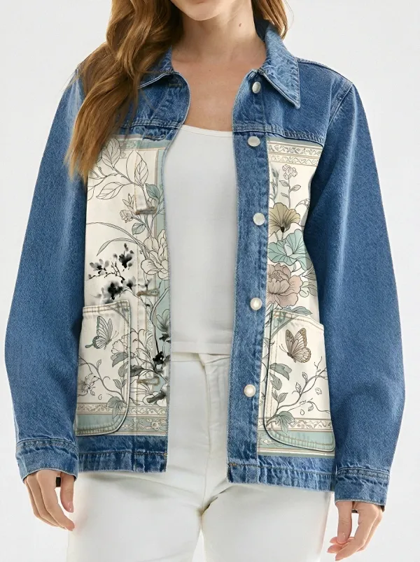 Women's Mixed Media Floral Butterfly Botanical Denim Jacket