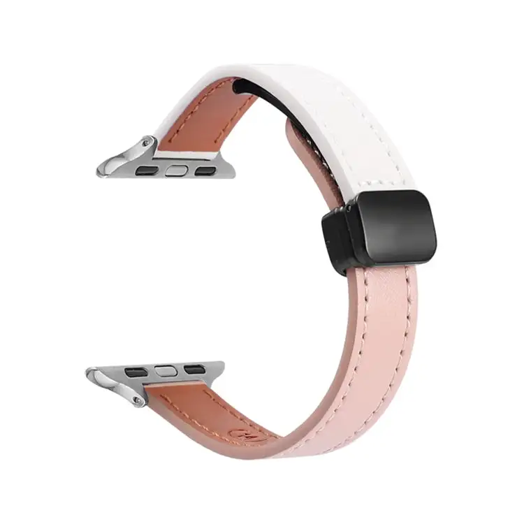 Slim Magnetic Buckle Genuine Leather Watch Band for Watch Series 7 45 mm - Plain Beige Pink