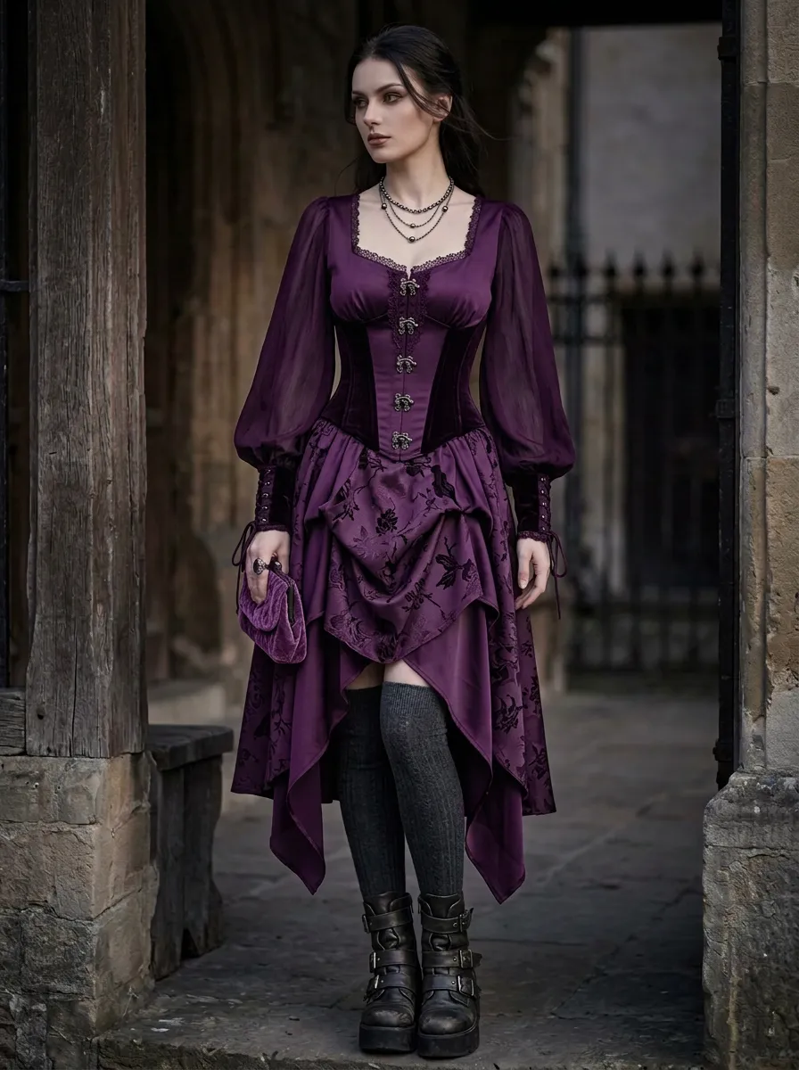Women's Gothic Victorian Floral Jacquard Printed Mini Dress