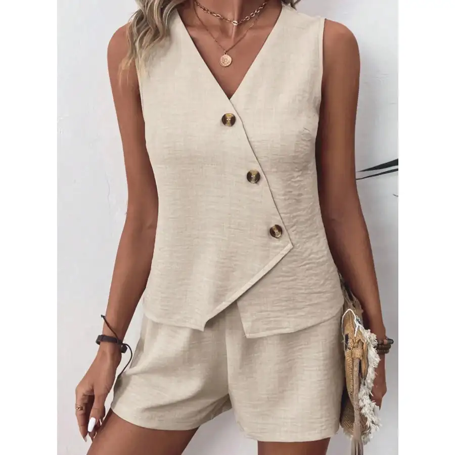 Relaxed Button Up Vest and Shorts Set