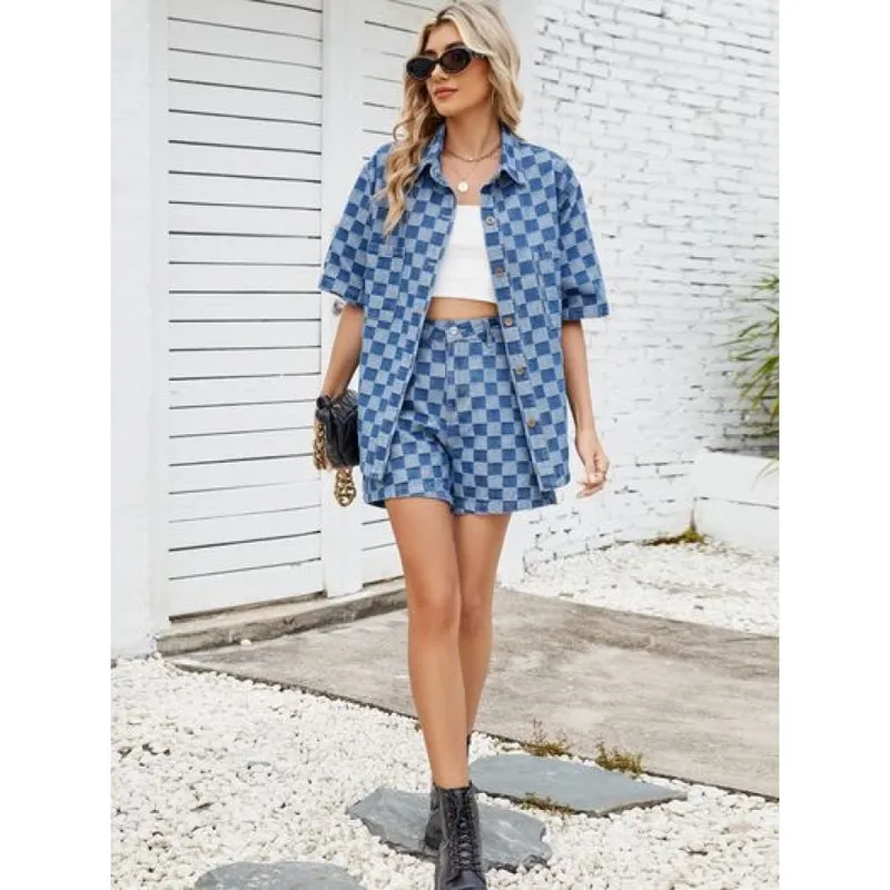 Button-Down Checkered Denim Shirt