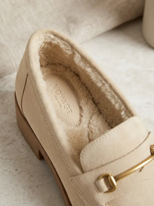 Women's Classic Faux Fur Lined Metal Detail Suede Wood Sole Loafers