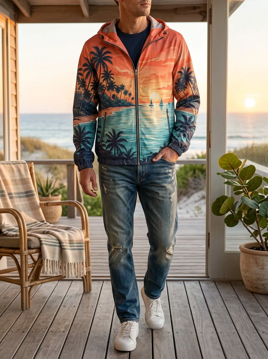 Men's Tropical Beach Sunset Palm Tree Rugged Roamer Jacket