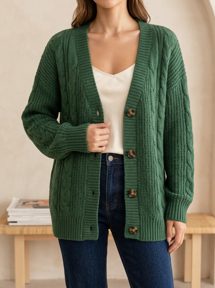 Women's Refined Layered Cable Knit Button Front V Neck Cardigan