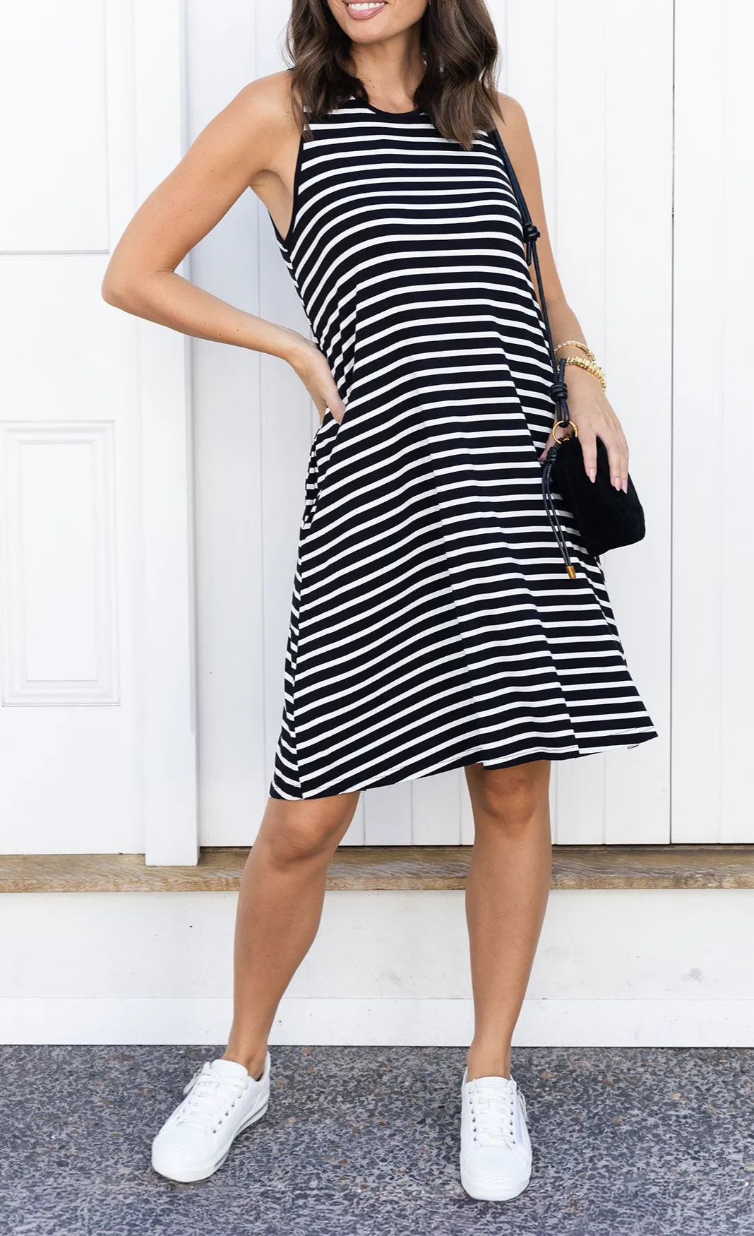 Knee-Length Striped Bamboo Pocket Round-Neck Sleeveless A-Line Dress