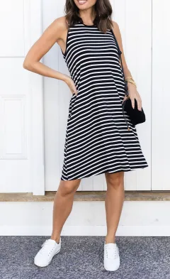 Knee-Length Striped Bamboo Pocket Round-Neck Sleeveless A-Line Dress