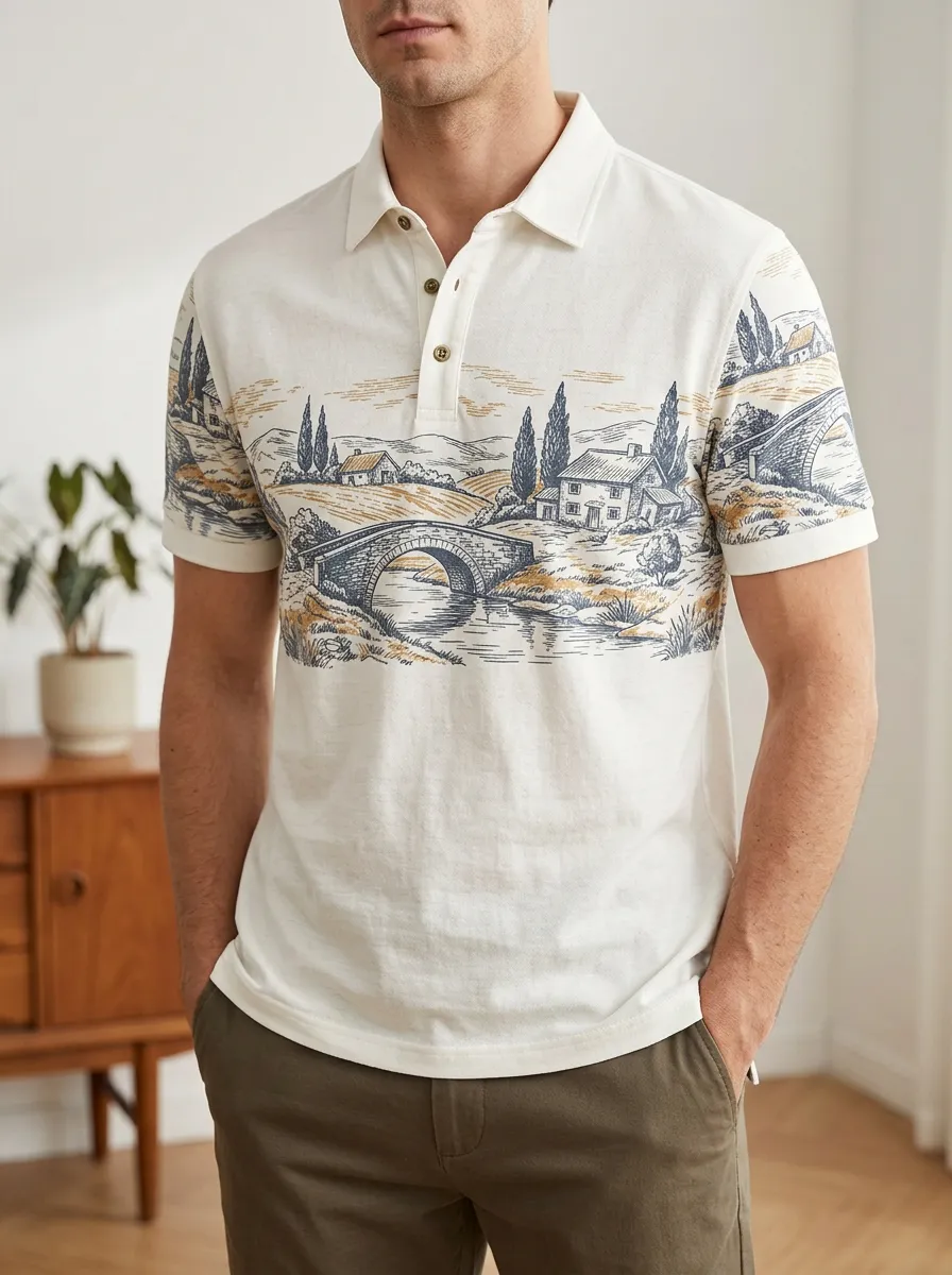 Men's Vintage Landscape Bridge Printed Polo Shirt Weekend Casual Style