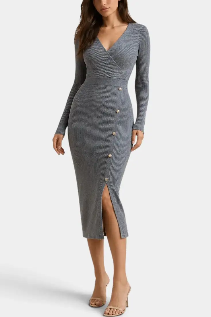 Ribbed-Knit V-Neck Midi Dress