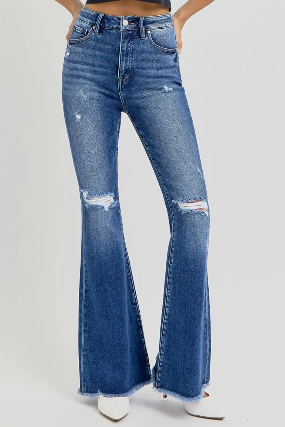 High Rise Distressed Raw Hem Flared Denim Jeans
