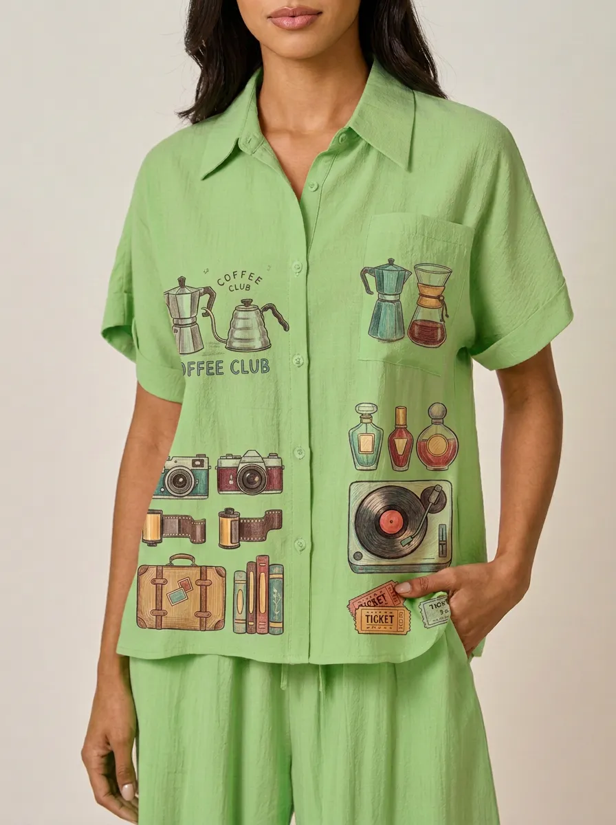 Women's Coffee Camera Record Hobby Printed Button-Down Shirt