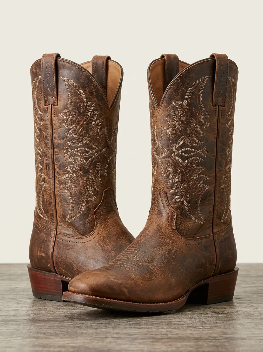 Southwestern Embroidered Distressed Leather-Look Ranch Look Unisex Western Cowboy Boots