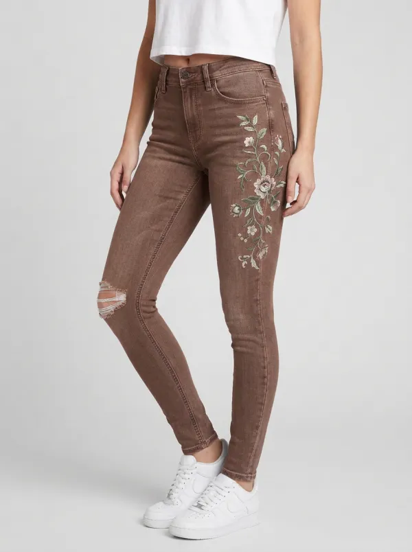 Women's Floral Embroidery Ripped Printed Slim Jeans