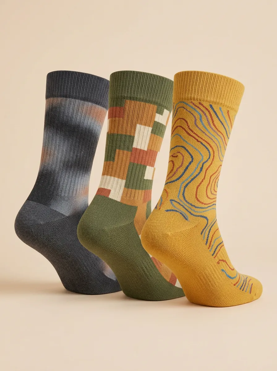 Men's Topographic Lines Artistic Motif Three-Pair Crew Socks