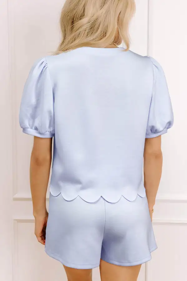 Women's Puff Sleeve Pearl Embellished Scallop Trim Top Two Piece Skort Set