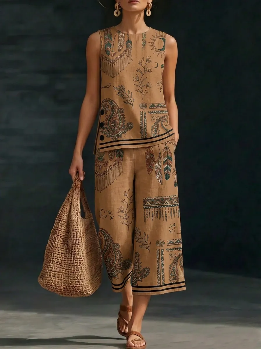 Women's Boho Style Feather Paisley Printed Sleeveless Set