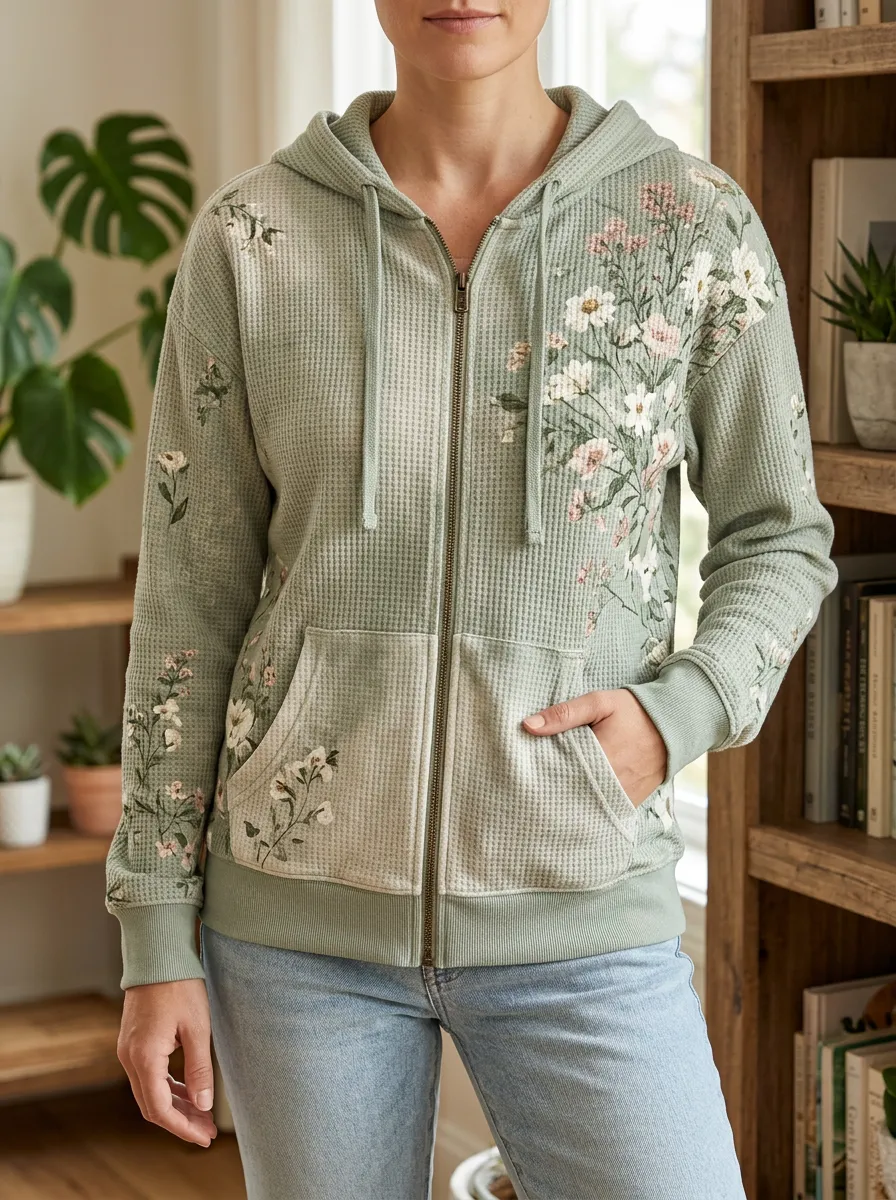 Women's Sage Green Floral Waffle Knit Printed Zip Up Hoodie