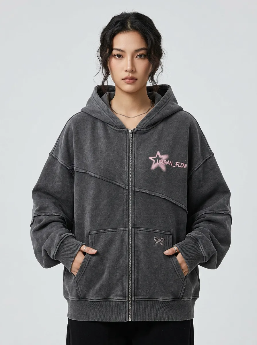 Unisex Streetwear Urban Flow Star Bow Printed Zip-up Hoodie