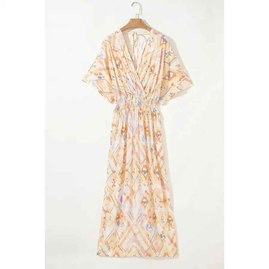 Printed Half Sleeve Shirred High Waist Maxi Dress