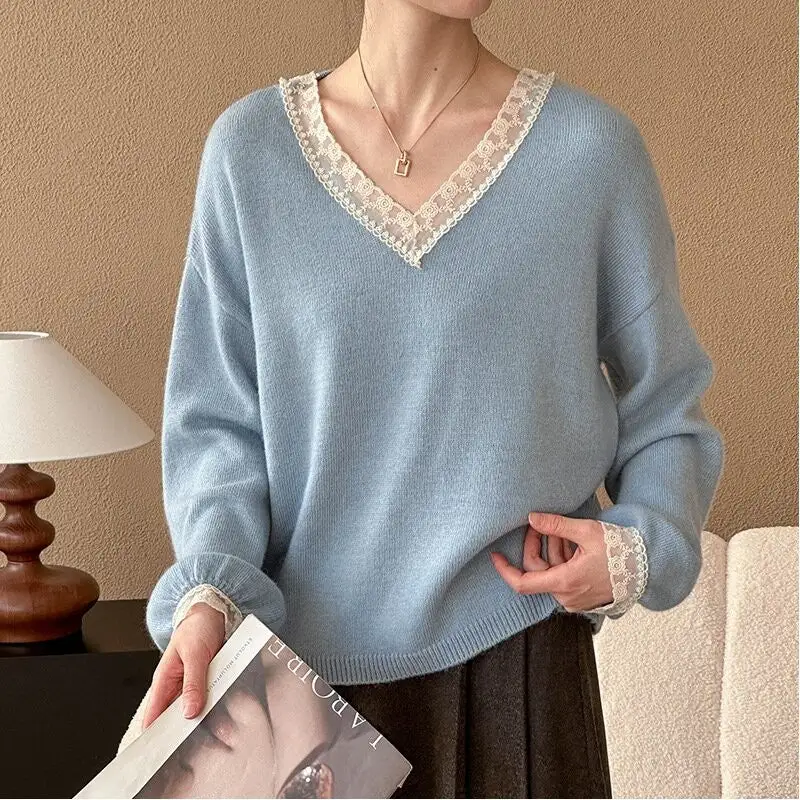 Easy-Wear Lace V Neck Lace Trim Sweater
