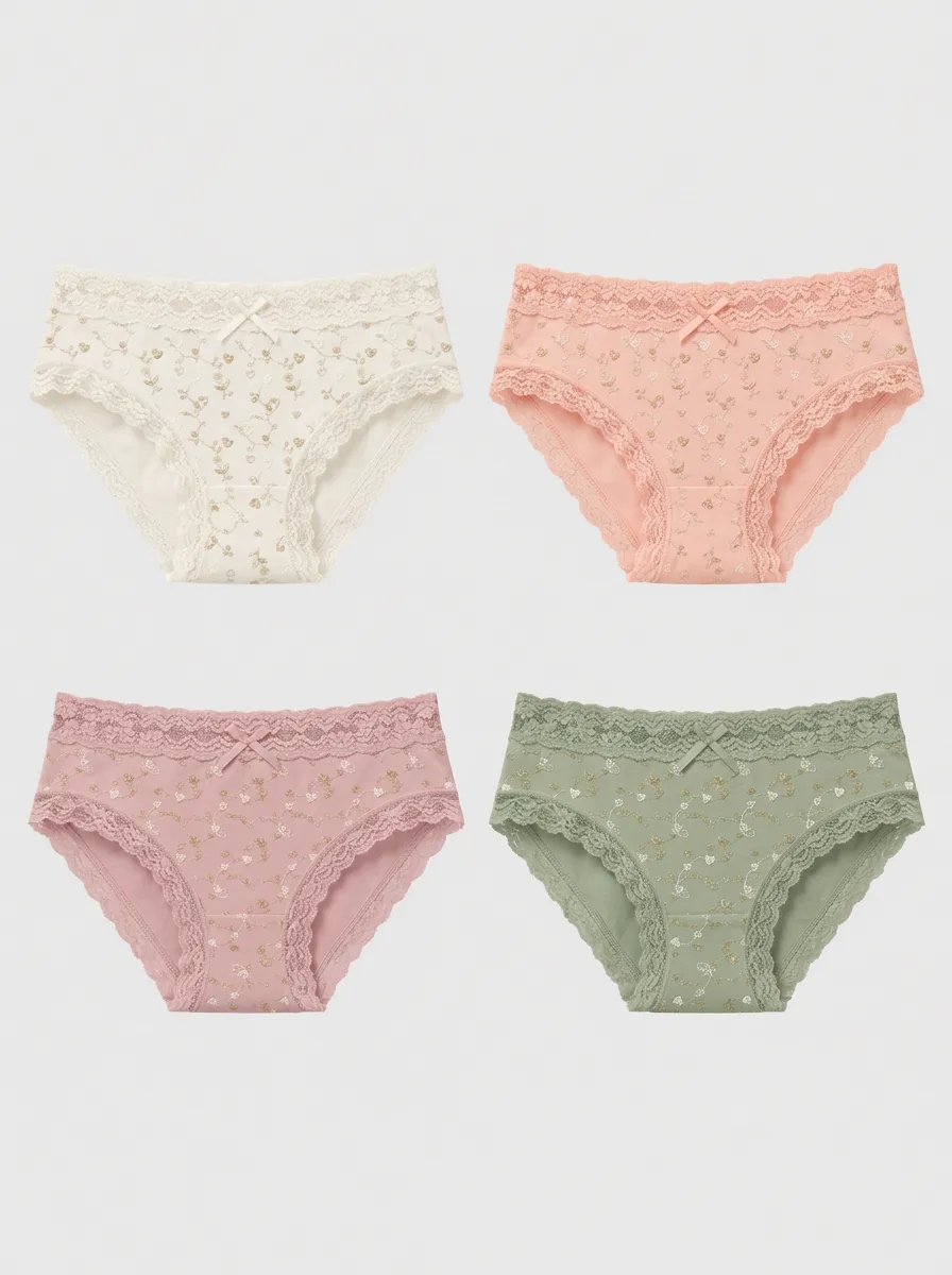 Women's Multicolor Floral Lace Trim Muted Tone Briefs 4-Pack