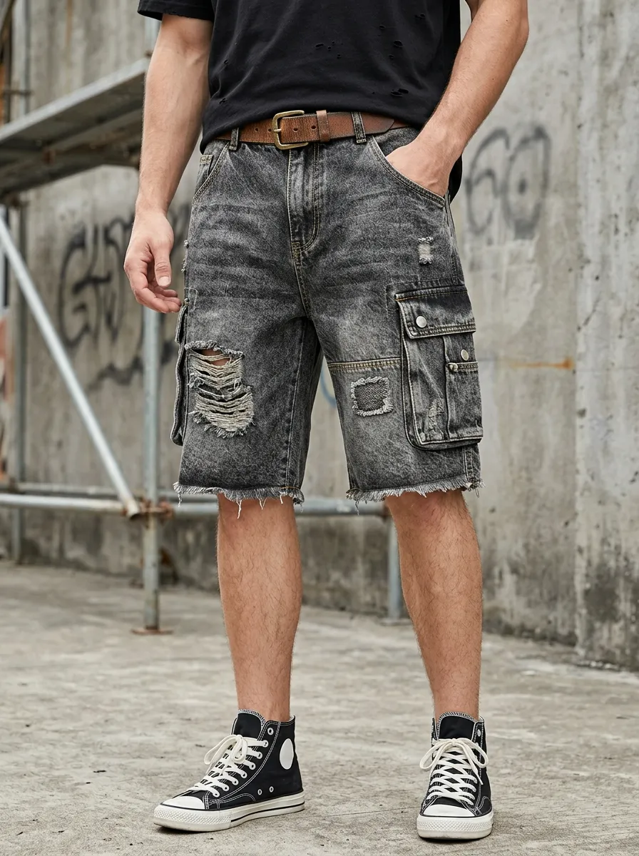 Men's Distressed Washed Cargo Denim Shorts