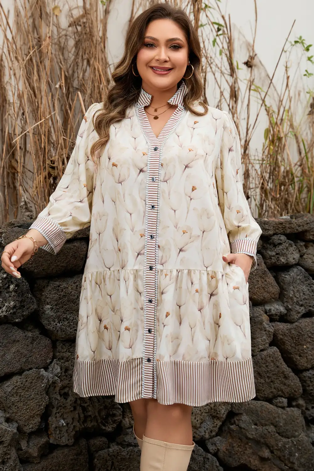 Lightweight Feel Floral Striped Button Front Dress