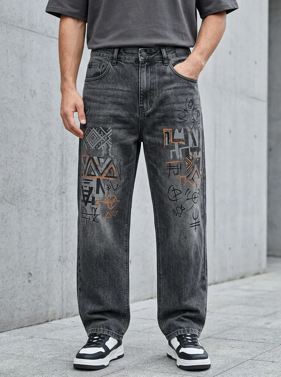 Unisex Streetwear Graffiti Tribal Jeans