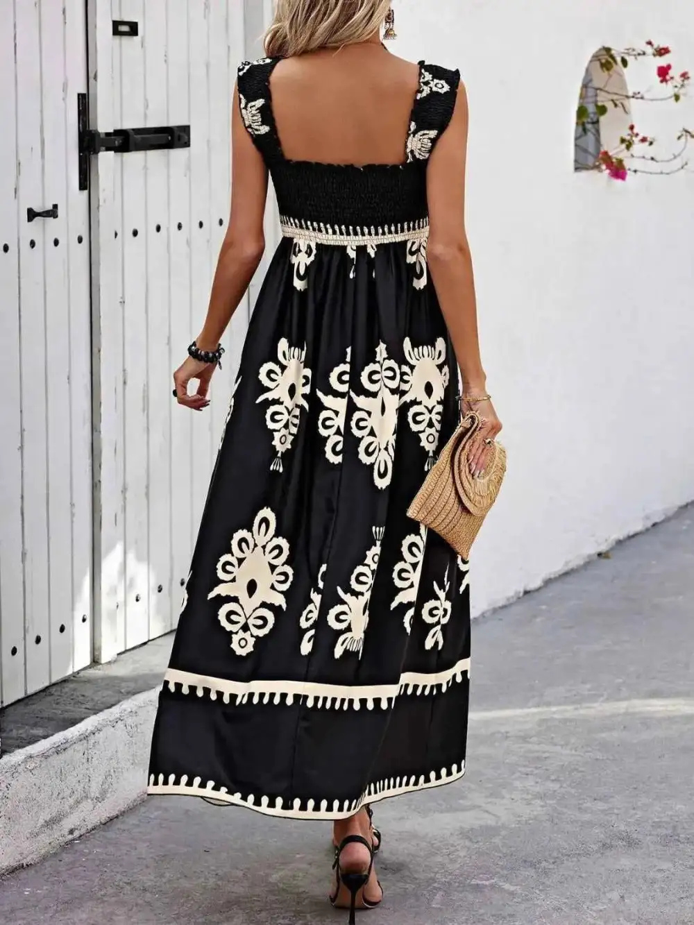 Smocked Printed Wide Strap Maxi Dress