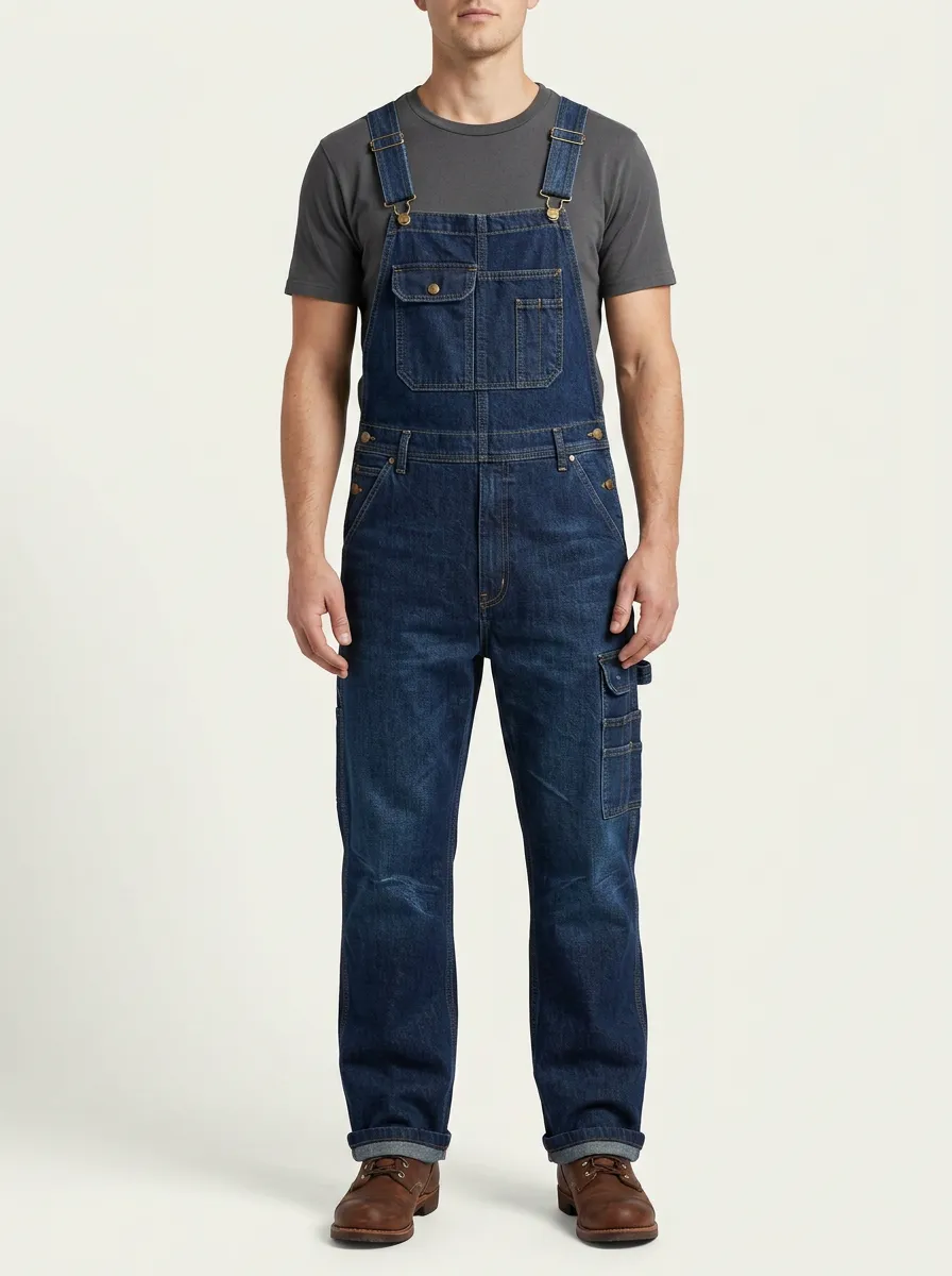 Men's Vintage Style Dark Denim Workwear Bib Overalls
