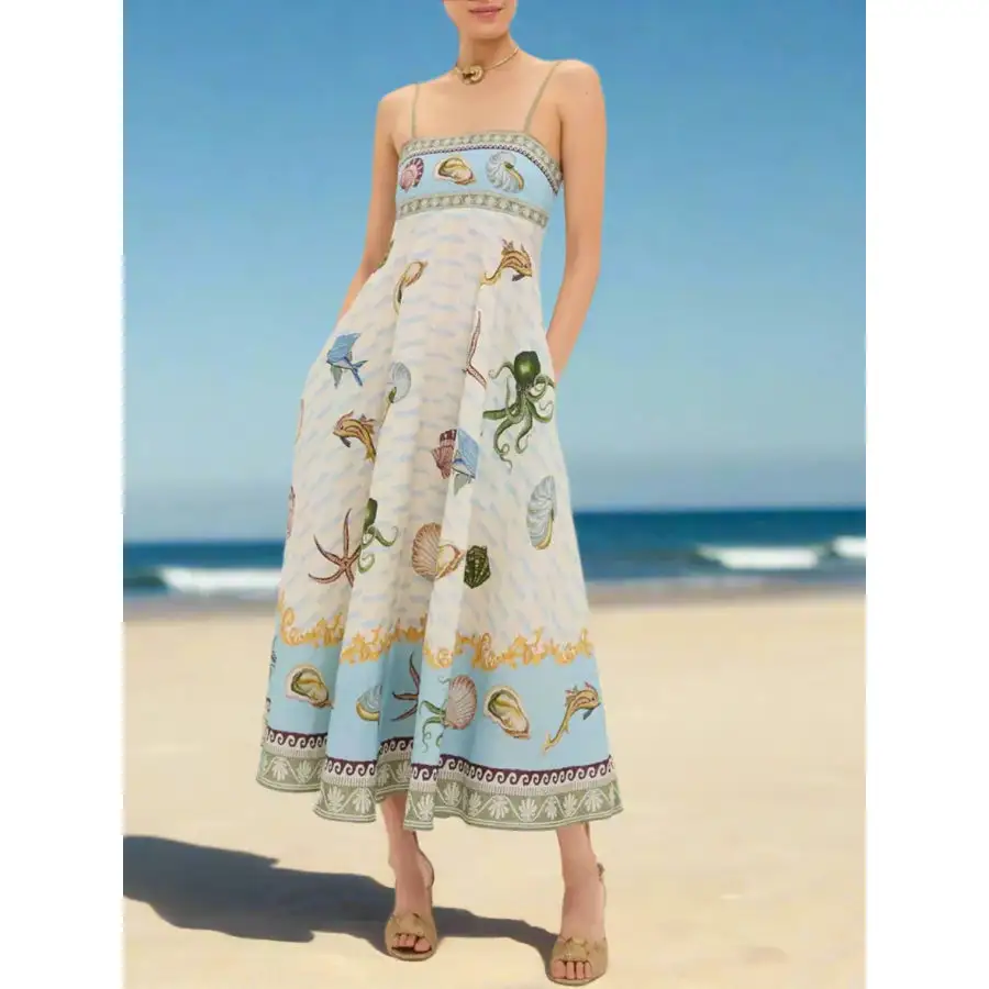 Ocean Print Spaghetti Strap Midi Dress