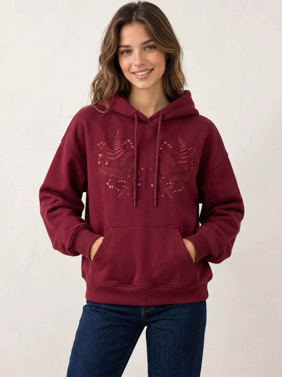 Women's Botanical Fern Leaf Embroidered Graphic Nature Layering Hoodie
