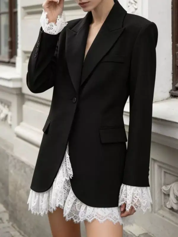 Single-Button Lace-Detail Lace-Hem Blazer