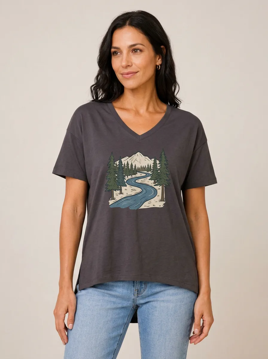 Women's Nature-Inspired Mountain River Forest Graphic V-Neck T-Shirt