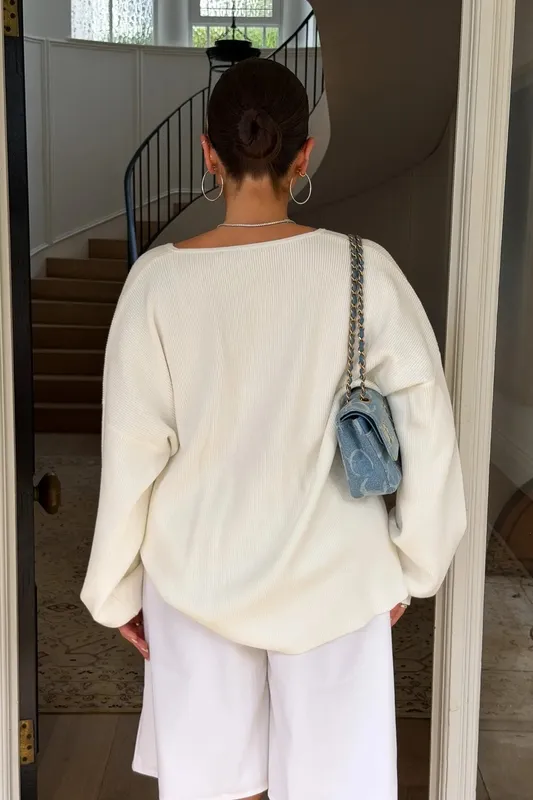 White Oversized V-Neck Knit Sweater