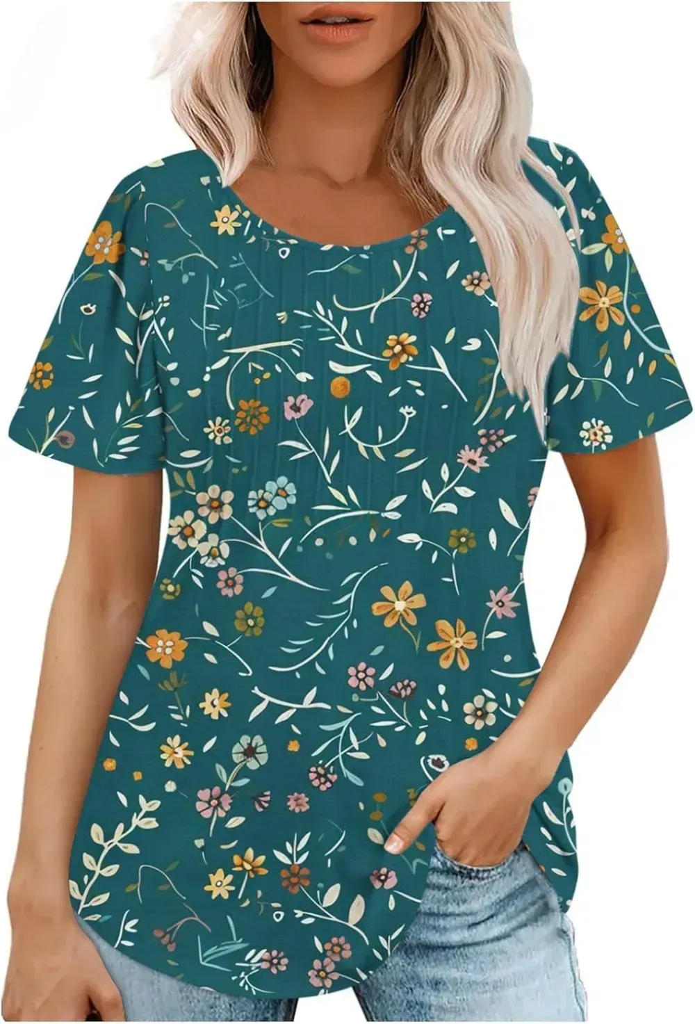 Womens Summer Pleated Front Shirts Tunics Casual Short Sleeved Loose Round Neck Boho Printed Tops Vacation Blouse