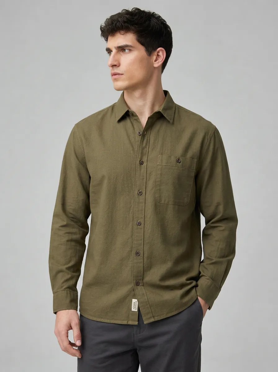 Men's Casual Olive Green Breathable Cotton Long Sleeve Shirt