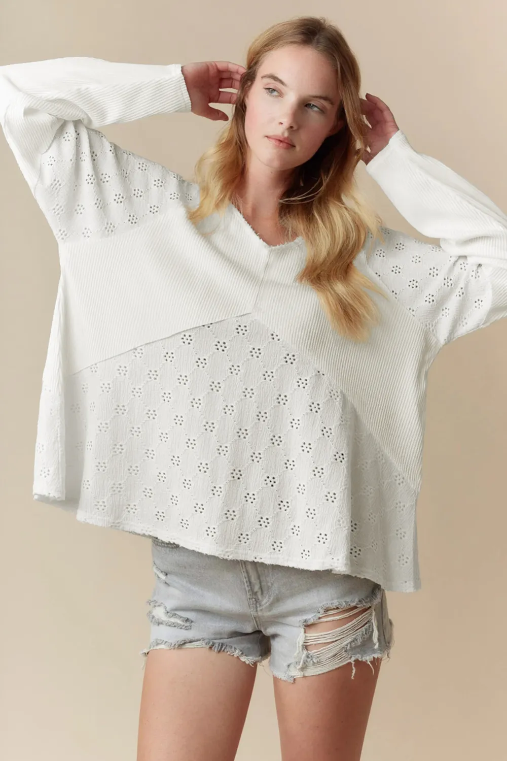 White Twisted Rib Patchwork Embroidered Top