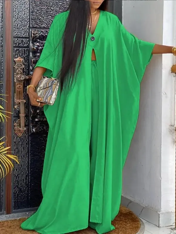 Women's Bat-sleeve Slit Solid Color Long Jacket and Trousers Two Sets