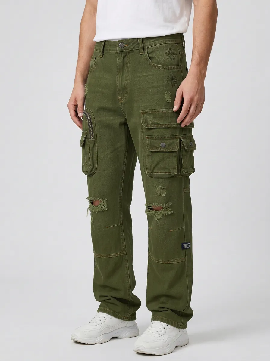 Men's Compass Graphic Distressed Denim Printed Cargo Jeans