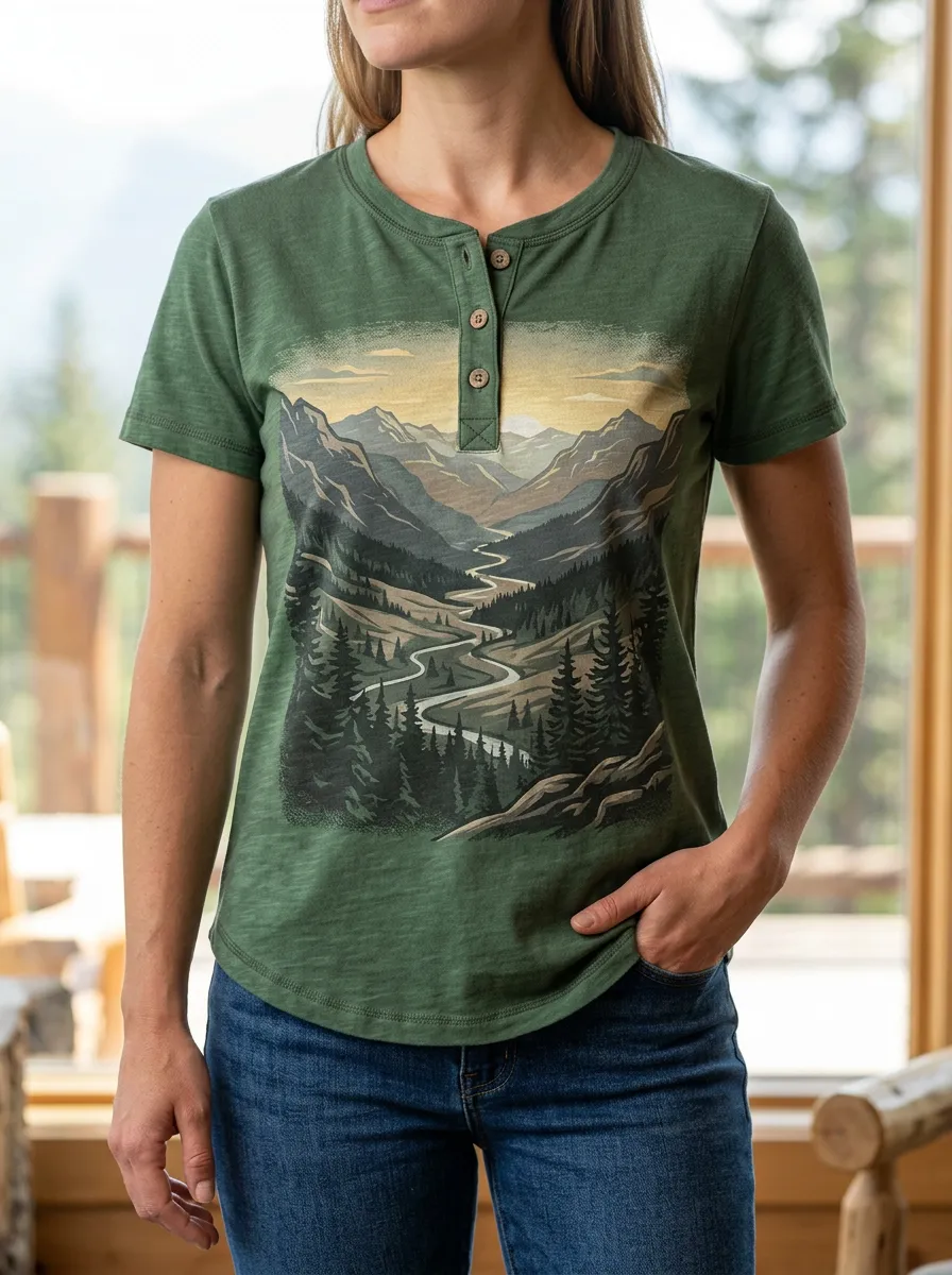 Women's Relaxed Nature Lover Mountain River Henley T-Shirt